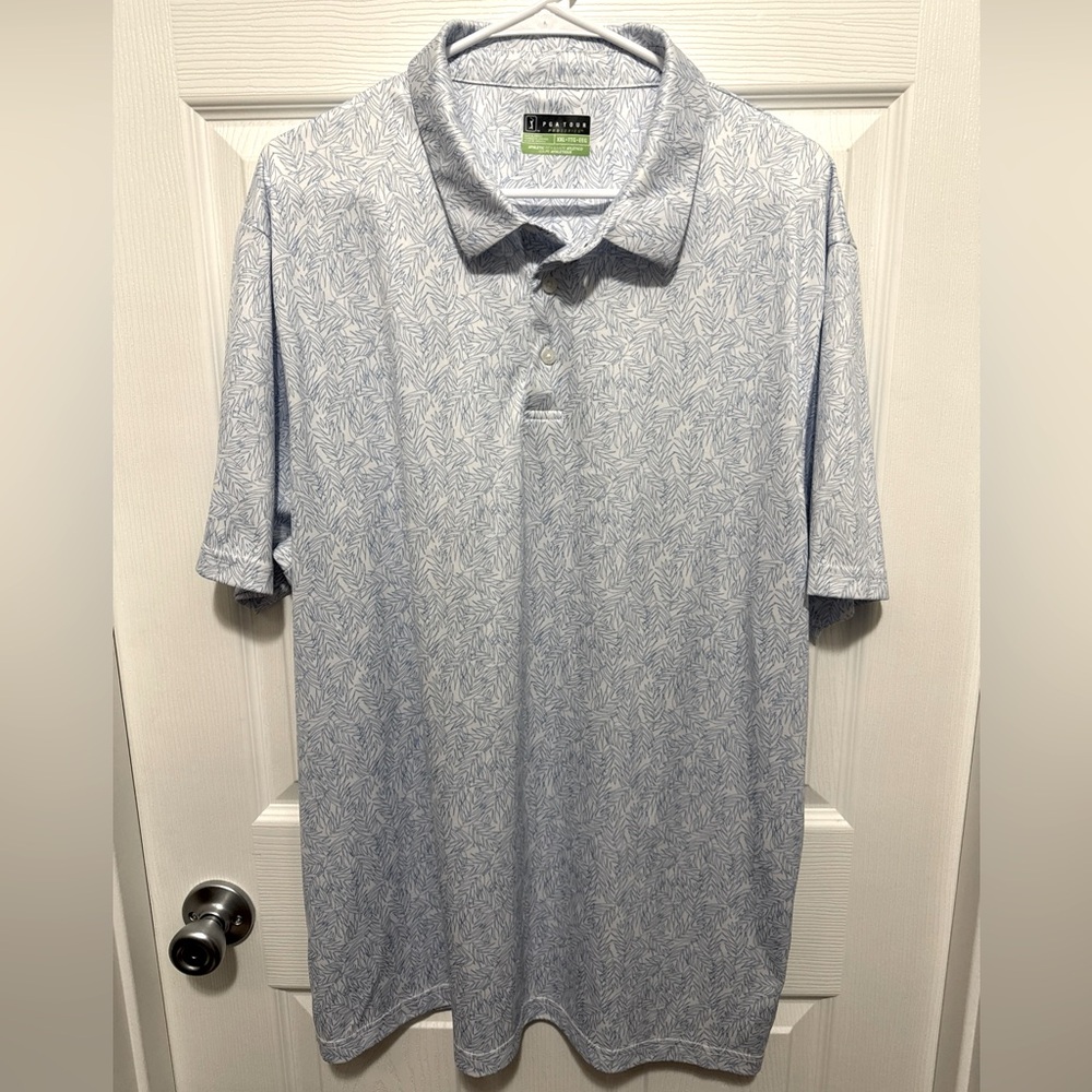 PGA Tour Pro Series Polo Mens XX-Large White Blue Leaves Athletic Fit Shirt Golf
